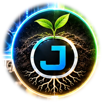 Símbolo Jheison: uma semente germina na terra, com folhas e raízes em torno da letra J