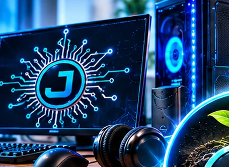Computador, monitor e equipamentos em ambiente de tecnologia com iluminação azul